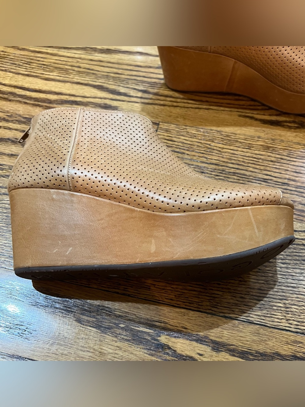 Chocolat Blu Walee Leather Peep Toe Platform Bootie Sz 7.5 Camel Wedge Boho - Picture 11 of 13